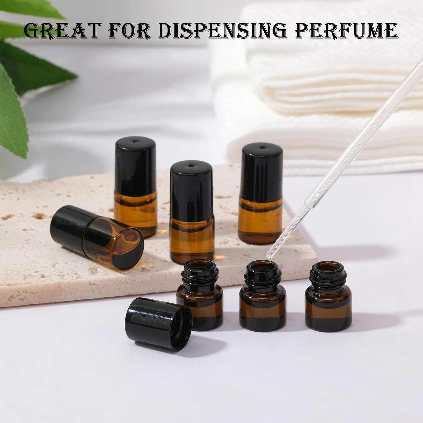 RAMFIYN 120 pack 1ml Amber Glass Roller Bottles for Essential Oils Refillable Roll-on Applicator with Stainless Steel Roller Balls Mini Leak-proof Makeup Containers with Pipettes and Bottle Opener
