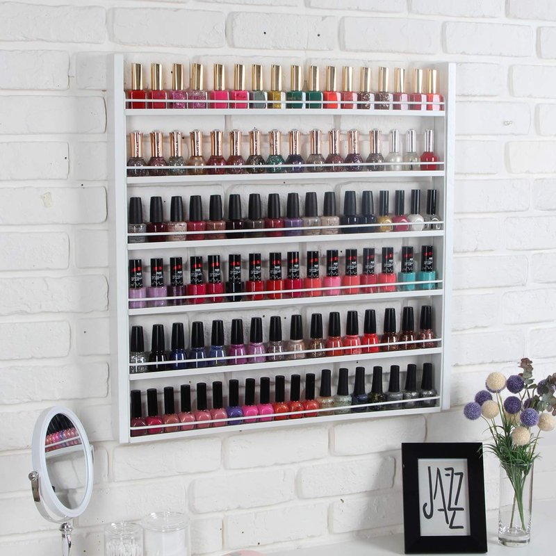 White Wood Nail Polish Organizer - 6-Tier Wall Mount Display Rack for 100 Bottles | Makeup & Essential Oil Storage