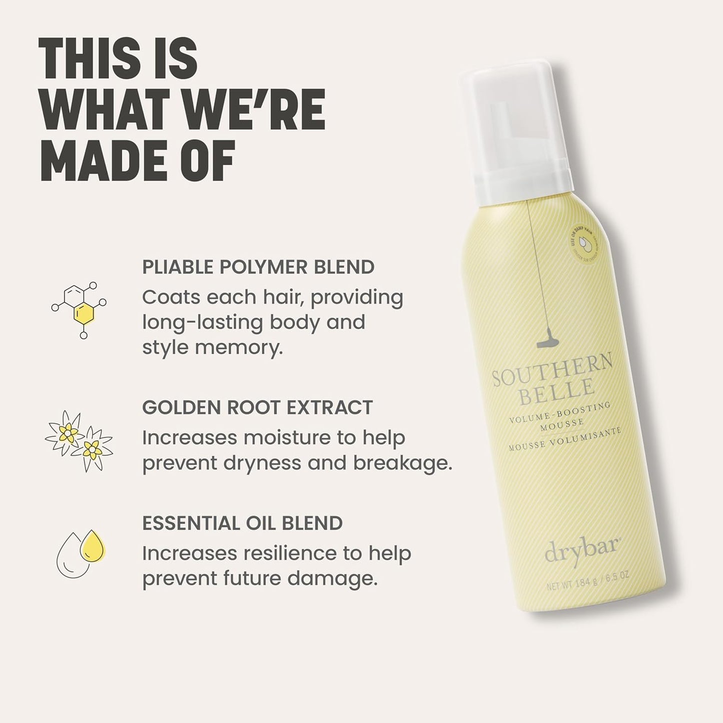 Drybar Southern Belle Volume Boosting Mousse - Frizz Control & Shine | Long-Lasting Body & Style