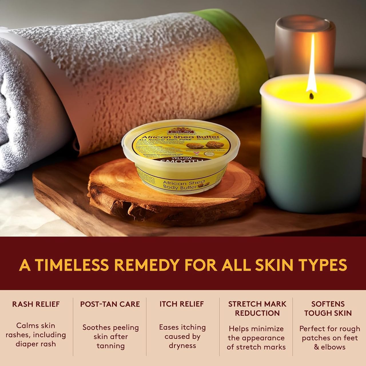 Okay 100% Natural African Shea Butter Yellow Smooth Deep Moisturizing Restores Moisture To Dry Damaged Skin Reduces Skin Damage Heals & Nourishes Made In USA 1oz