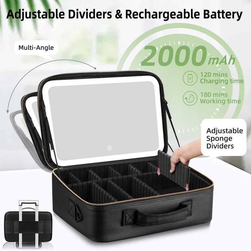 saiggnyy 15“×11“Professional Makeup Train Case,Large Waterproof Travel Makeup bag with Mirror and Light, Leather Black Make up Bag with Mirror and Light,Led Makeup Case with Adjustable Dividers