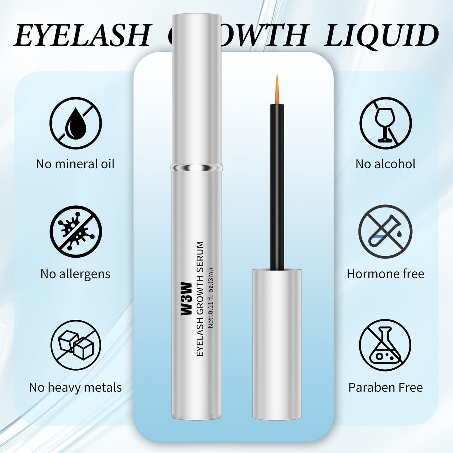 W3W Eyelash Growth Serum for Longer, Thicker Lashes – Lash Enhancer with Natural Peptides & Caffeine, Gentle Lash Conditioner for Women, 3ml