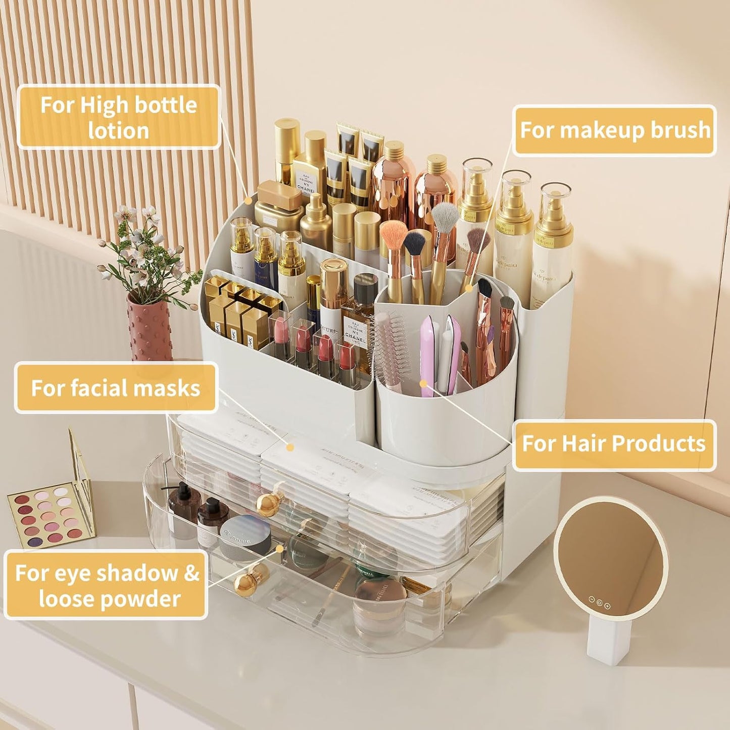 Makeup Organizer for Vanity - Large Rotating Cosmetic Organizer with Drawers | White Countertop Storage for Skincare, Perfume, Lipsticks, Nail Polish