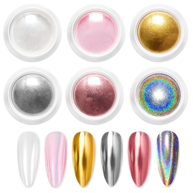 BISHENGYF Chrome Nail Powder Kit 6 PCS - Gold Chrome Nail Powder with Pearl Chrome & Effect,Metallic Mirror Holographic Nail Powder for Gel Nails DIY Home Salon Manicure White Silver Pink Blue