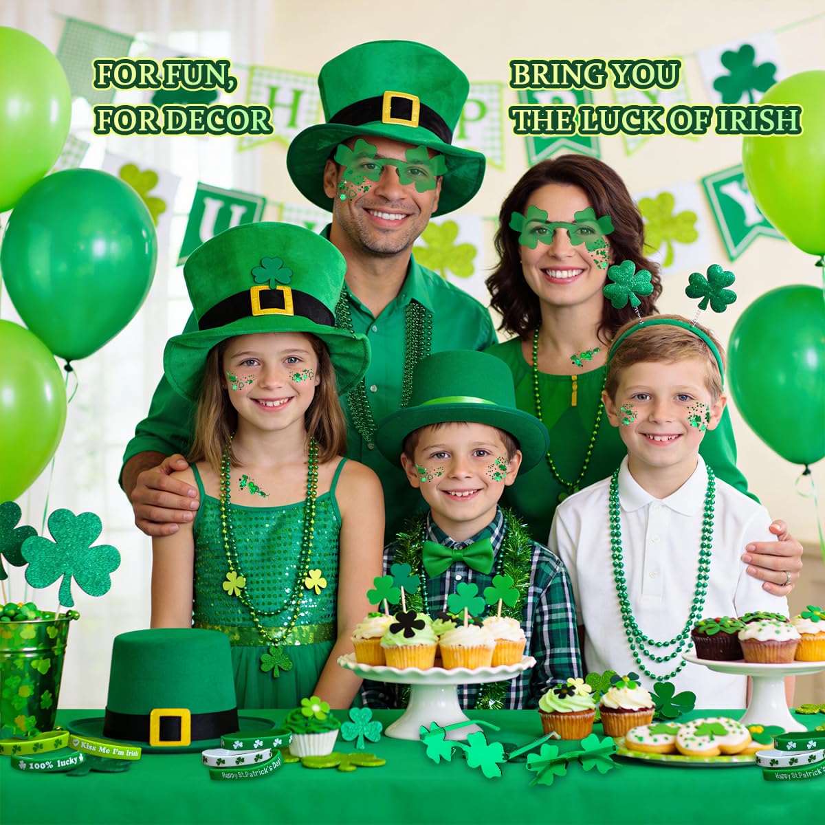 19PCS St. Patrick's Day Accessories Set, Green Face & Body Glitter, Green Glasses, Irish Bracelets, Round Bead Necklaces, Party Favors for Women and Family