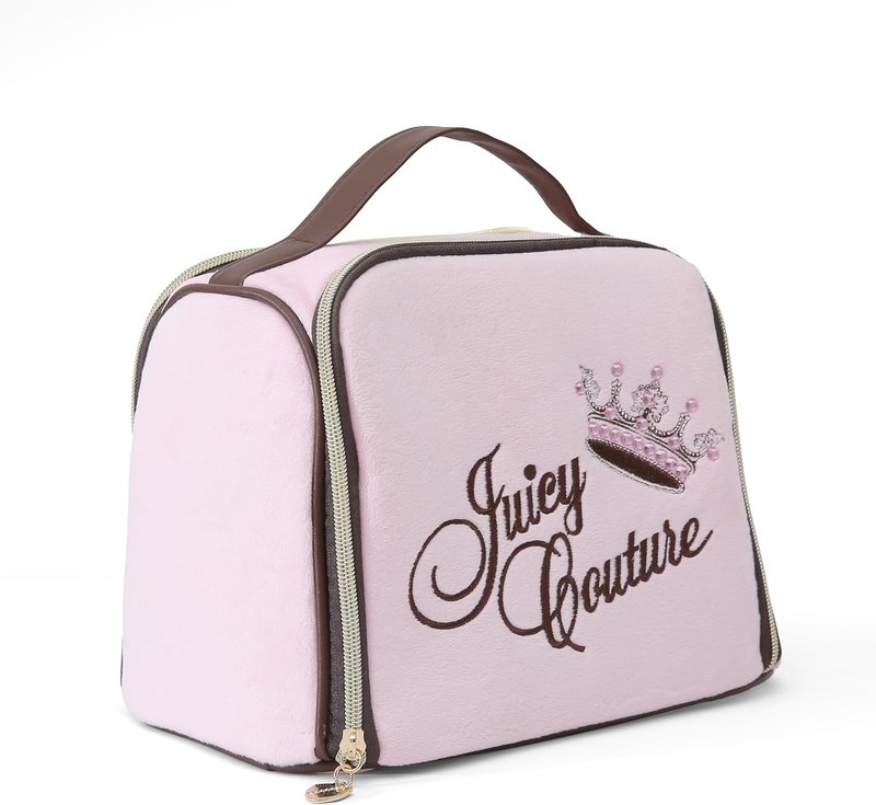 Juicy Couture Pink Makeup Bag - Vintage Velour Organizer with Rhinestone Crown | Travel Essentials