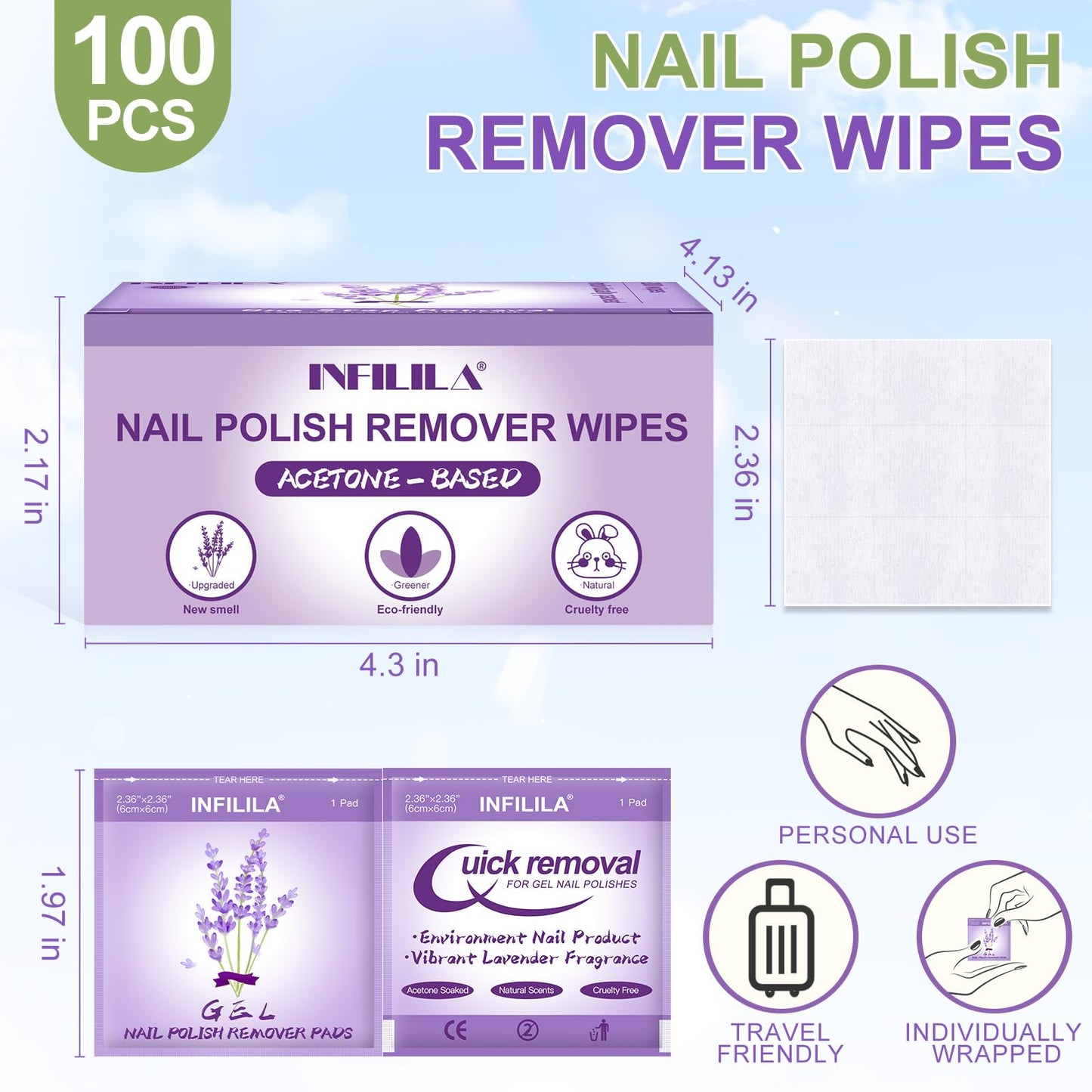 NXJ INFILILA Nail Polish Remover Pads, 100PCS Lavender Nail Polish Remover Wipes for Gel & Regular Polish, Individually Wrapped, Travel-Size, Professional Quick Removal for Home & On-the-Go Use