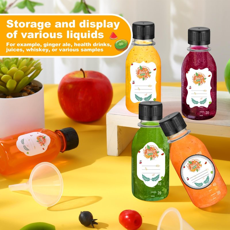 LemonRoad 50 Pcs 4 oz Small Plastic Juice Bottles with Black Cap Mini Reusable Clear Shot Jar with Lid Scale and Label for Ginger Liquid Drink Milk Beer Coffee Storage Container Portable Travel