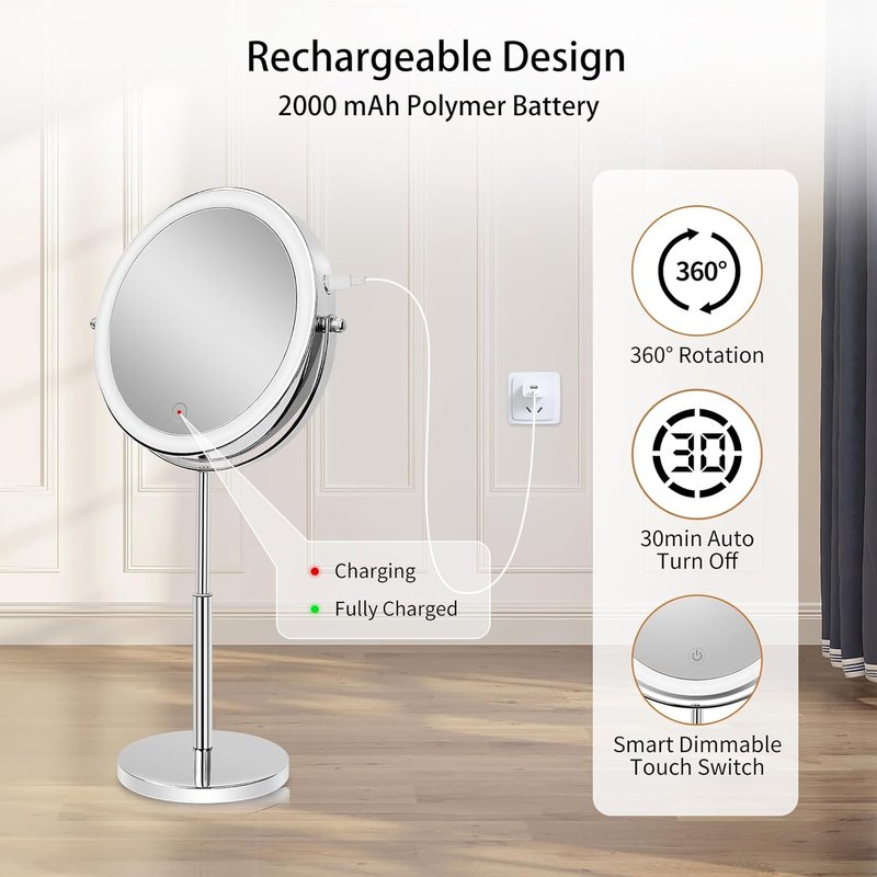 Rechargeable 8” LED Makeup Mirror - 1X/10X Magnifying, Height Adjustable, 3 Color Dimmable Lights | 360° Rotation - Perfect Gift for Women (Silver)