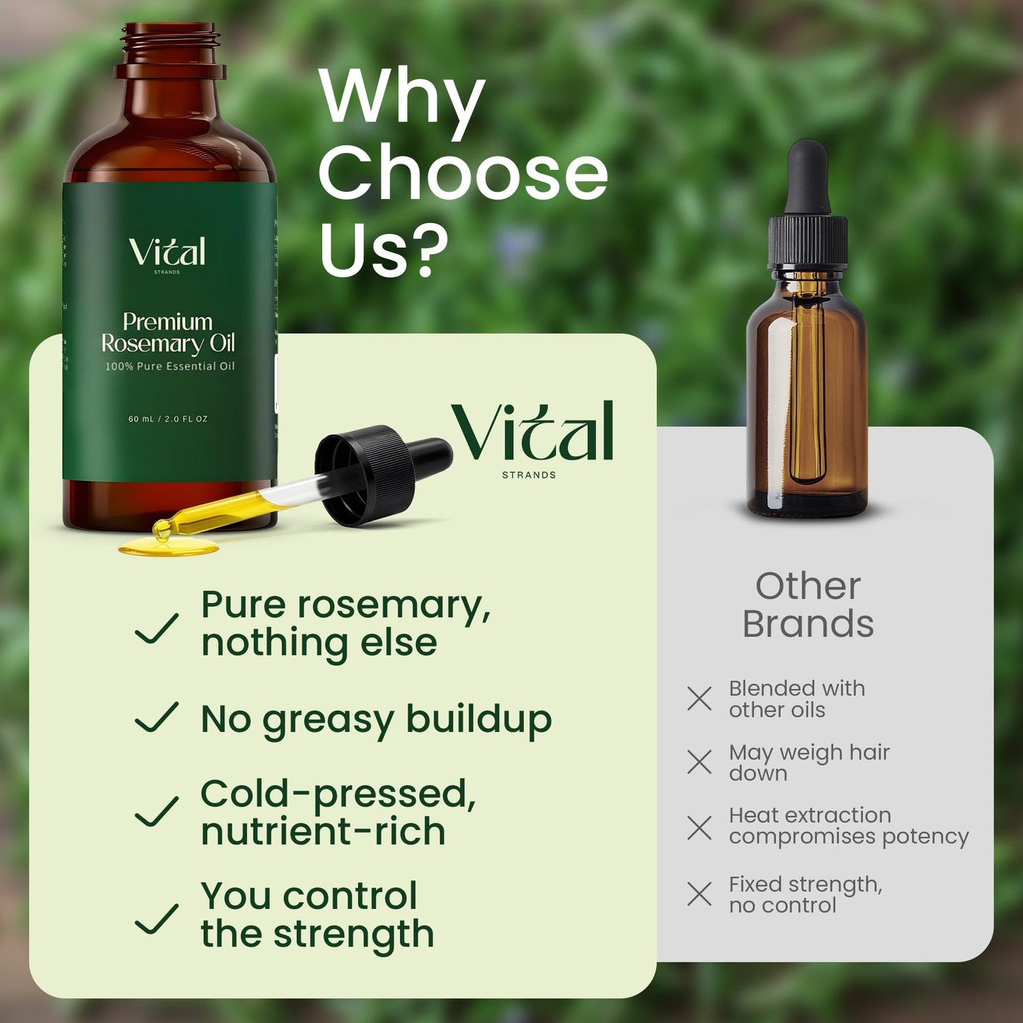 Vital Strands 100% Pure Rosemary Oil for Hair Growth & Thicker Hair – Cold Pressed Natural Essential Oil for Women & Men, Nourishes Scalp, Strengthens Roots, Promotes Regrowth & Reduces Thinning