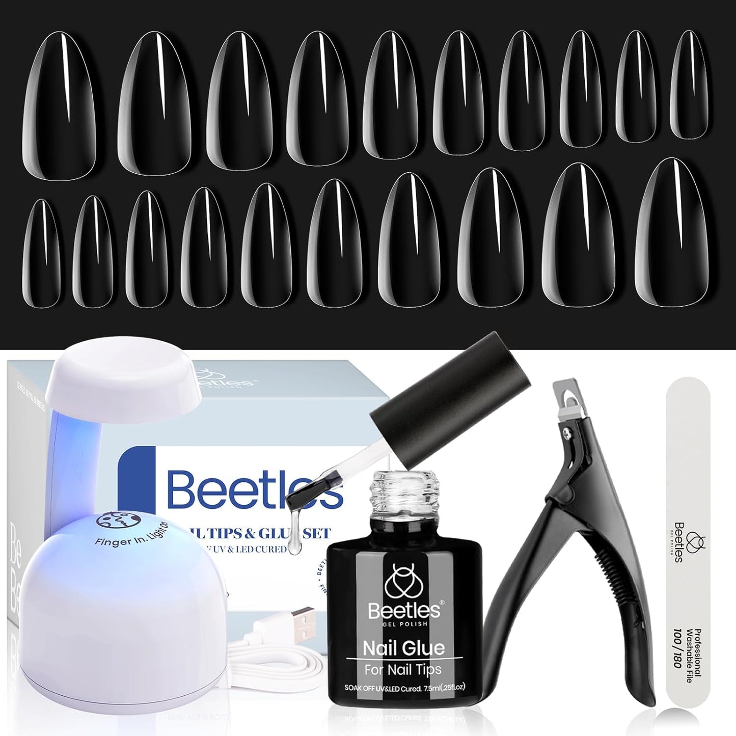Beetles Gel Nail Kit - 9-In-1 Easy Nail Extension Set with Almond Tips & UV Lamp | Medium Almond Size