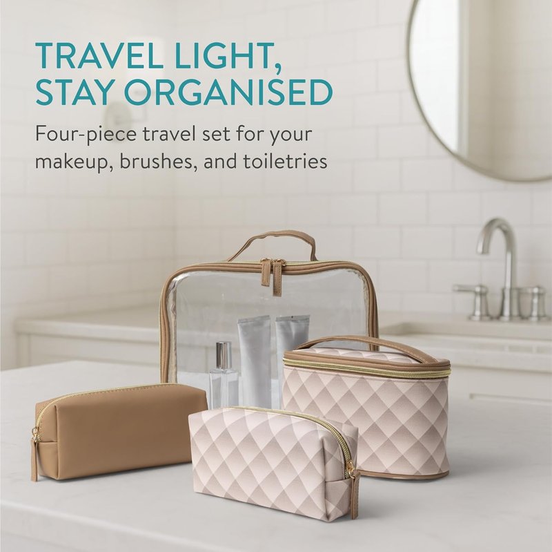 Navaris 4-in-1 Travel Cosmetic Bags - Lightweight Portable Makeup Organizer - TSA-Approved Toiletry Bag Set | Brown