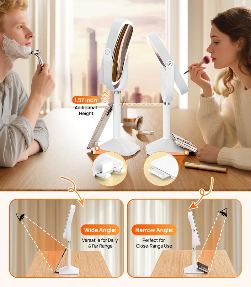 Lighted Magnifying Makeup Mirror - Adjustable Height, 1X/10X Magnification, 4000mAh Battery | 3 Color Modes, Hidden Phone Stand - White