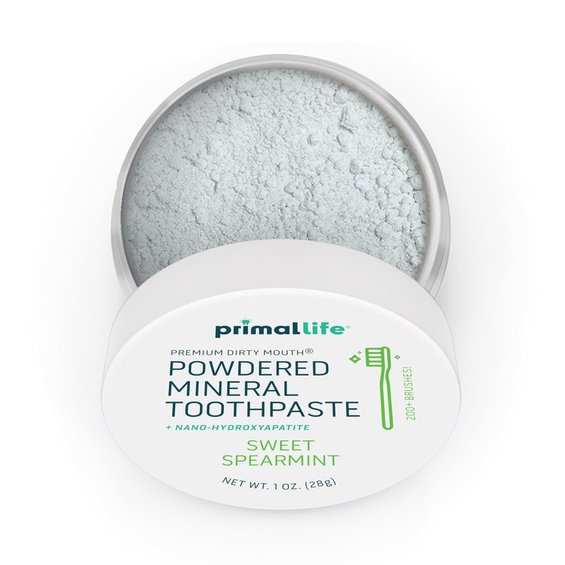 Primal Life Organics - Dirty Mouth Toothpowder, Tooth Cleaning Powder, Flavored Essential Oils with Natural Kaolin & Bentonite Clay, Good for 200+ Brushings, Organic, Vegan (Sweet Spearmint, 1 oz)