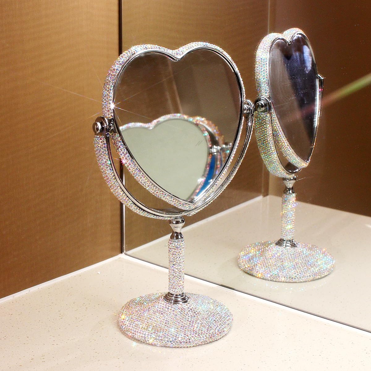 Bestbling Luxury Bling Double-Sided Tabletop Makeup Mirror, Heart Shape Metal Makeup Mirror with 1:2 Magnifying Mirror, Rotating Mirror (Silver)