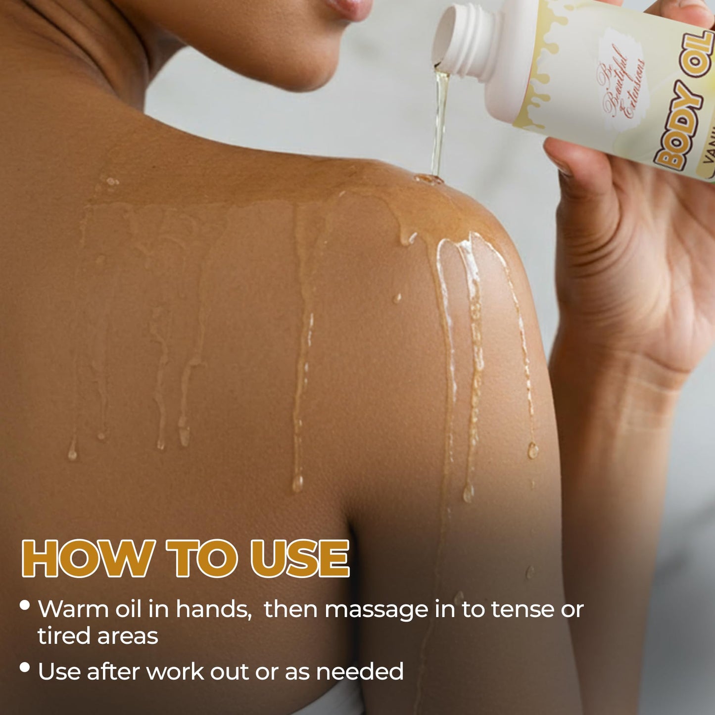 Body oil designed for Deep Hydration to nourish, protect, and rejuvenate the skin while leaving it with a soft, radiant glow and a vanilla scent long -lasting fragrance jojoba oil and more 6.76oz