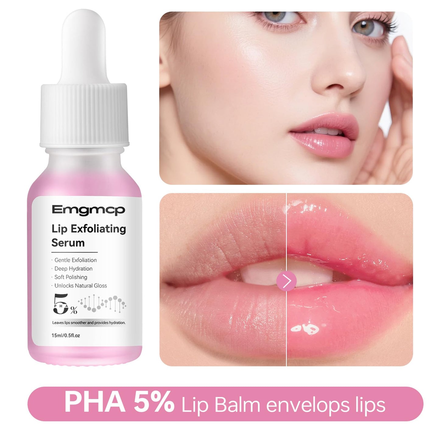 PHA 5% Exfoliating Lip Serum - Leave-On Lip Exfoliator & Moisturize for Dry, Cracked Lips - Hydrating & Moisturizing Serum - Vegan Cruelty-Free Overnight Primer - Smoother Softer Lips