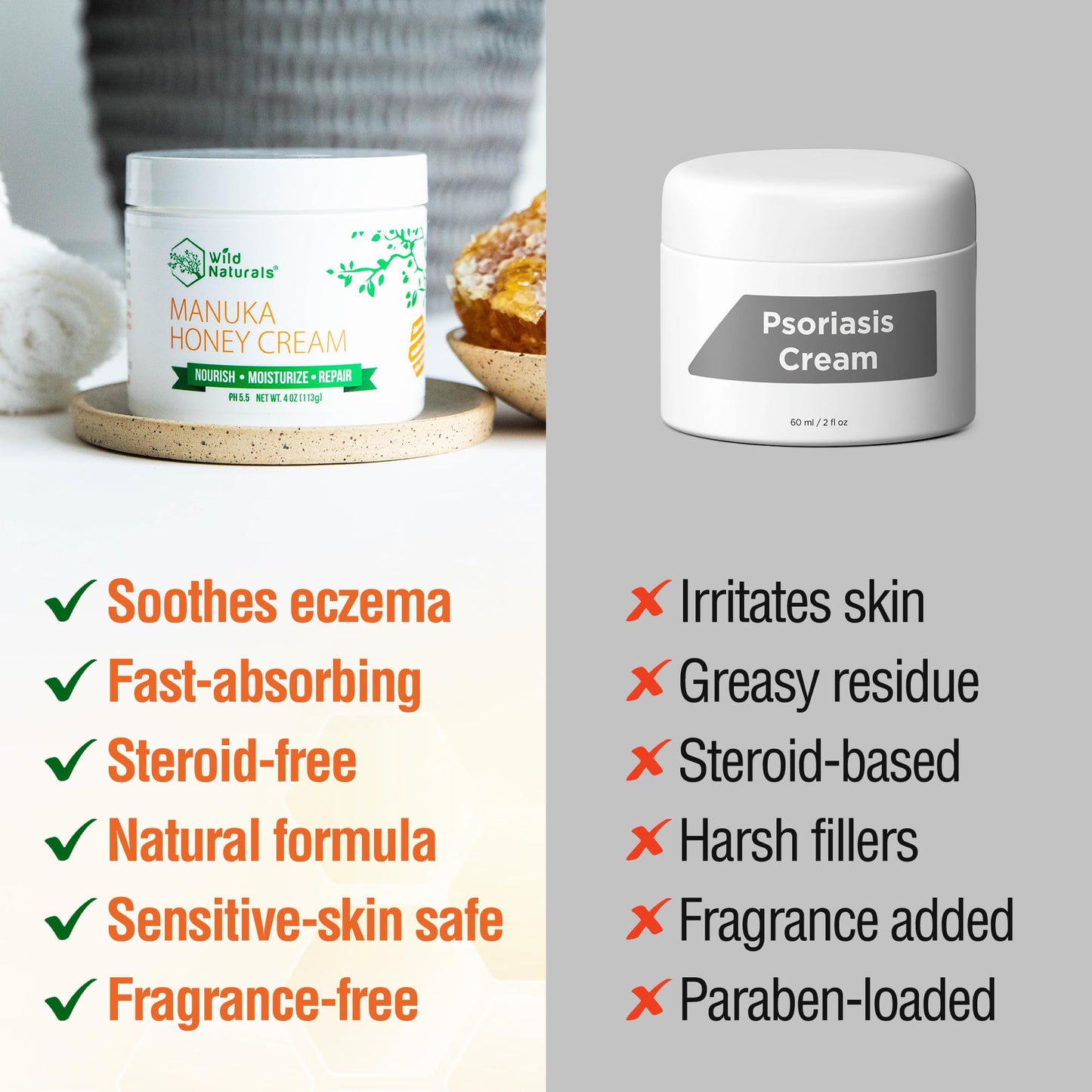 Wild Naturals Manuka Honey Moisturizer for Dry, Sensitive Skin – Eczema Relief Face Cream – Soothing Cream for Redness & Irritation – Face, Hand & Body Moisturizer for Women & Men