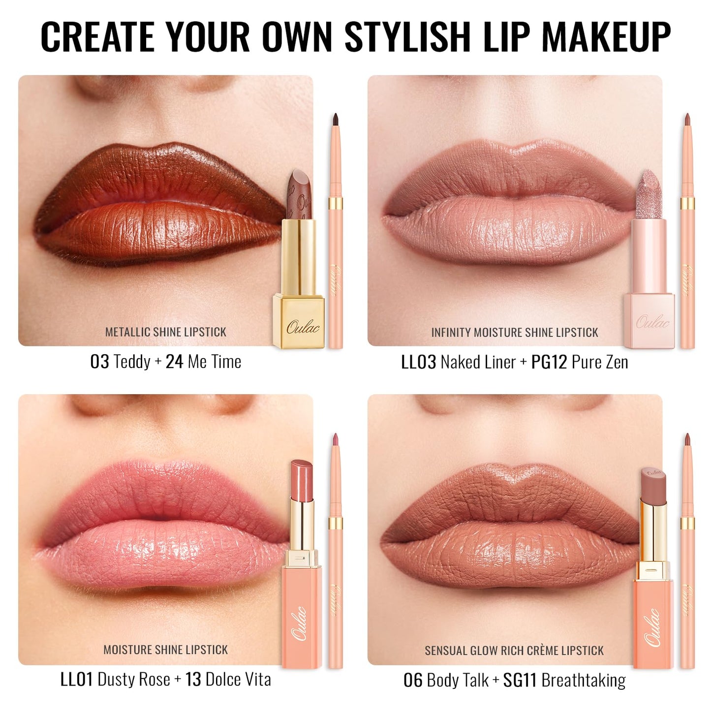 Oulac Brown Lip Liner Pencil, 2in1 Retractable Makup Crayon for Lipliner and Eyeliner, Highly Pigmented, Smooth, Long Lasting and Waterproof Formula, Vegan Beauty, 03 Teddy