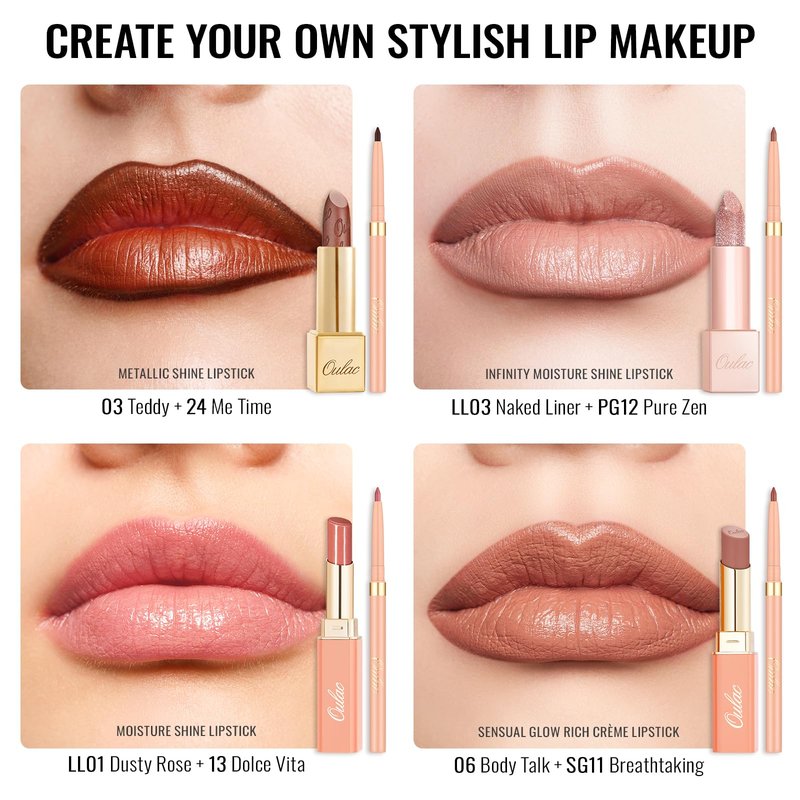 Oulac Lipstick & Lipliner Set 3PCS High Impact Lipcolor with Moisturizing Formula, Vegan Beauty, Full-Coverage Lip Color, Gift Lipstick for Women, LL05+GM12+PG04