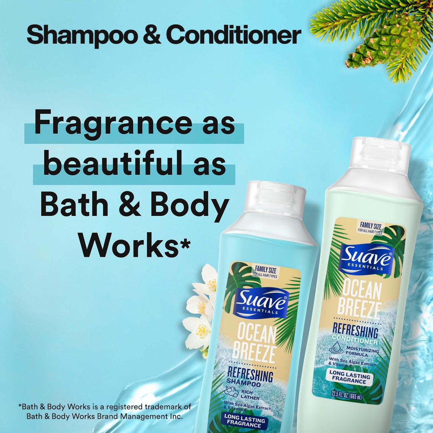 Suave Body Wash 2-Pack, Shampoo & Conditioner, Ocean Breeze + Fresh Antiperspirant Deodorant for Women (5 Piece Set)