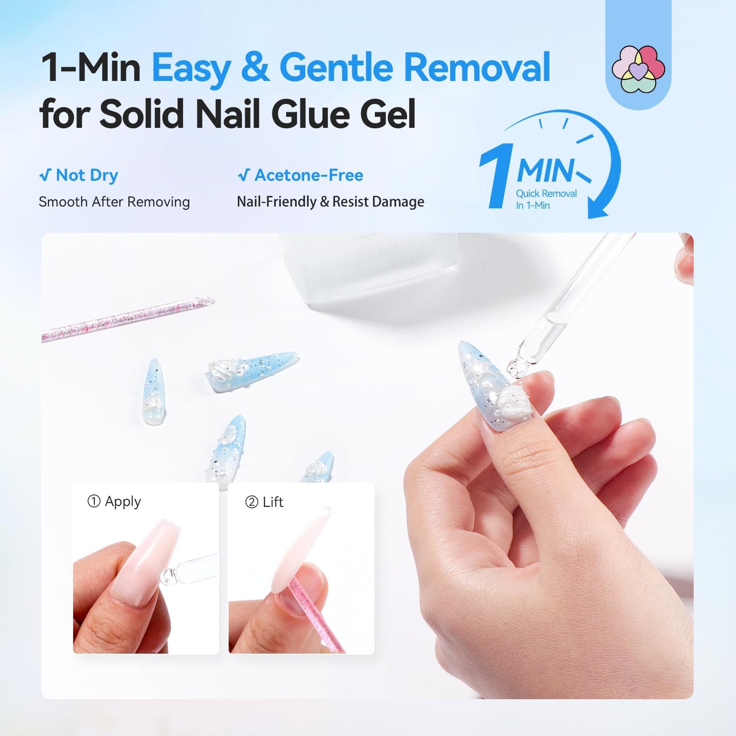 SAVILAND Nail Glue Remover for Press on Nails: 50 ML Solid Gel Glue Remover for Nail Tips, Quick Gentle Removal with Castor Oil VE, Non-Drying Odor-Free Non-Acetone Glue Remover Not for Gel Polish
