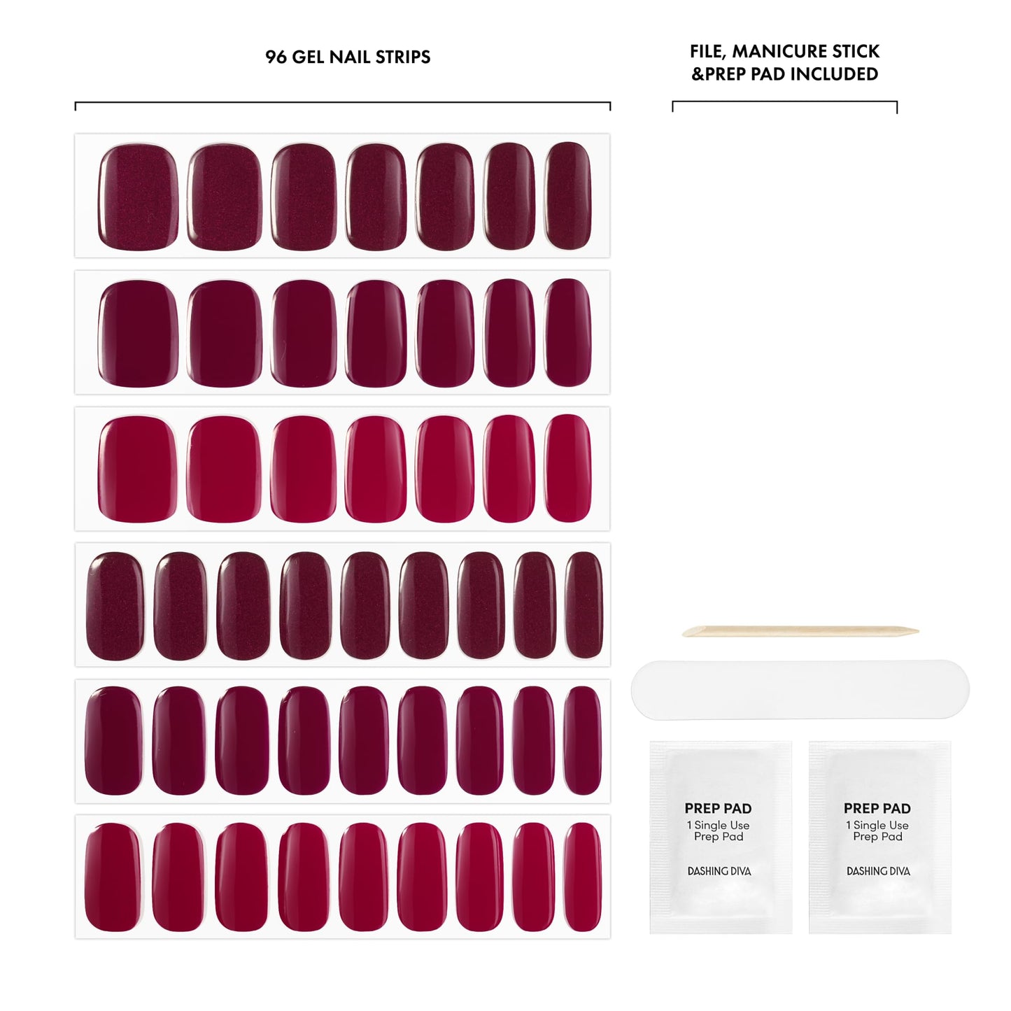 Dashing Diva Glaze Nail Strip 3-in-1 Kit - Best of Reds - Long Lasting, Chip Resistant, Semi-Cured Gel Nail Strips - Contains 96 strips, 3 prep pads, 3 manicure sticks, 1 nail file