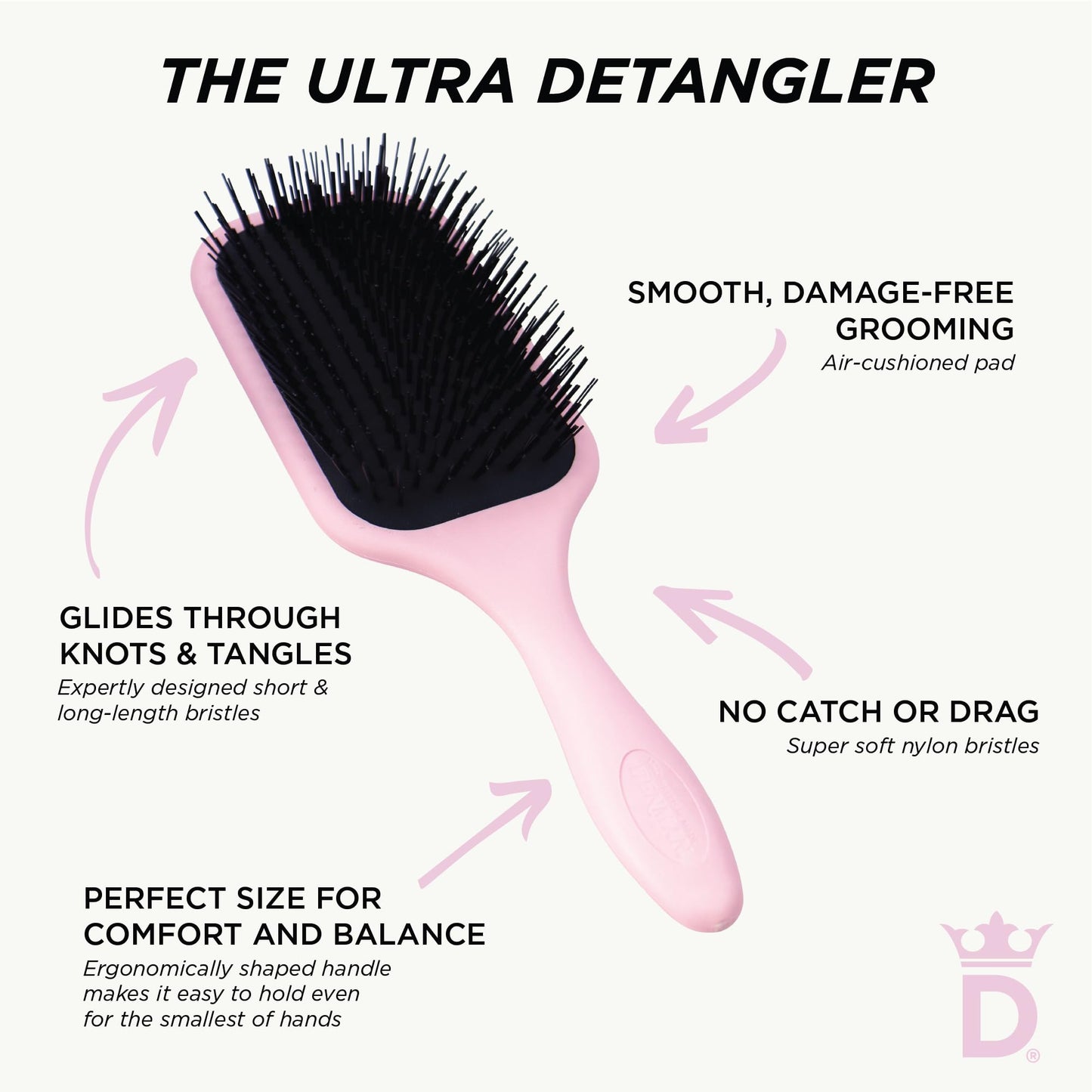 Denman Ultimate Detangling Hair Brush - Wet & Dry Detangler Brush for Long Hair, Wigs & Extensions - Ideal Hair Brushes for Women and Men, D90L Pink Crush