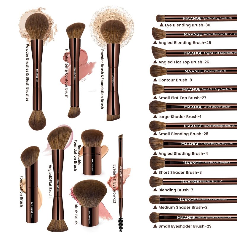 20 PCS Foundation Makeup Brush Set - Double-Ended Kabuki Brushes for Liquid & Powder | Brown Blending Tools