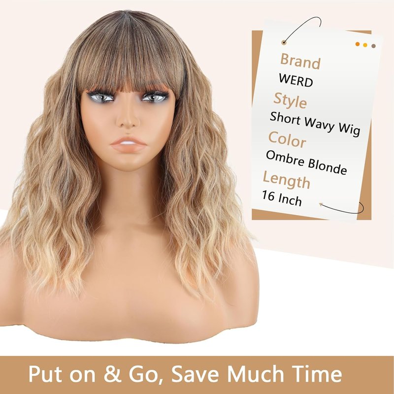Blonde Wavy Wig for Women - Natural-Looking Synthetic Bob with Bangs | Heat-Resistant Curly Ombre Hair for Cosplay