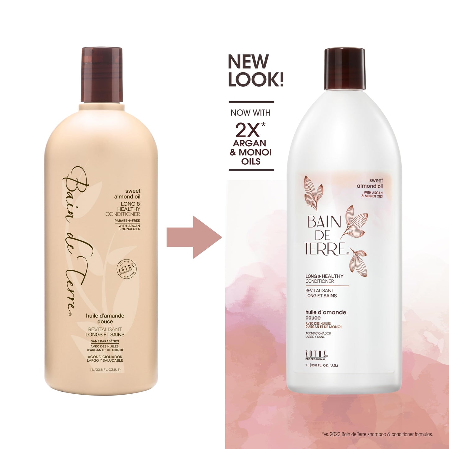 Bain de Terre Sweet Almond Oil Long & Healthy Conditioner, Strength & Protection for Weak, Damaged Hair, with Argan & Monoi Oils, Paraben-Free, Color-Safe, Vegan, 33.8 Fl Oz