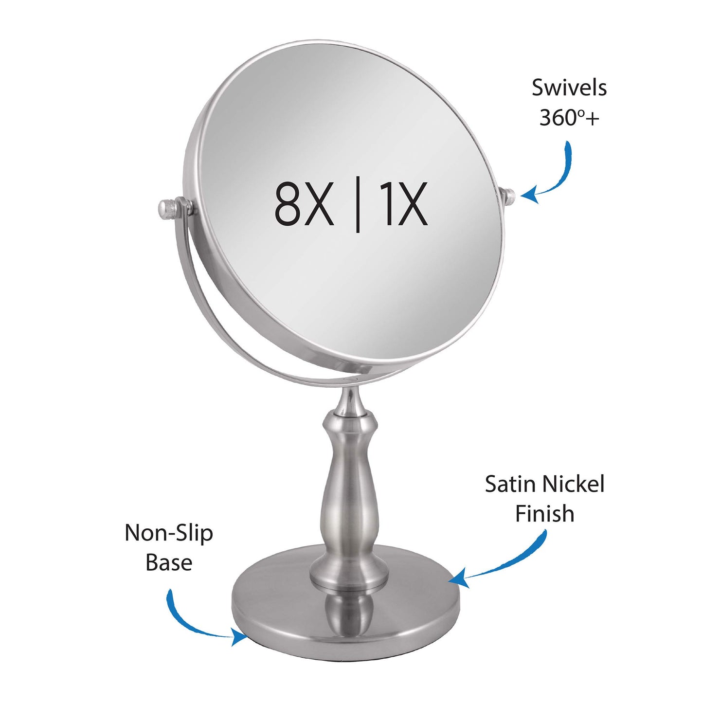 Zadro 9" W x 13" H Round Non-Lighted Makeup Mirror 8X 1X Magnifying Makeup Mirrors Rotating Head Makeup Mirror for Desk