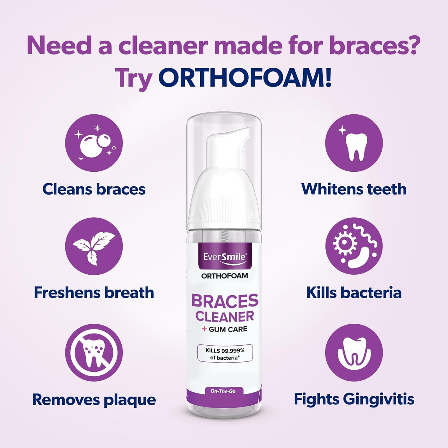 EverSmile OrthoFoam Braces Cleaner - Brushable Foam Whitens Teeth, Fights Plaque & Bad Breath | 25ml Travel Size (2 Pack)