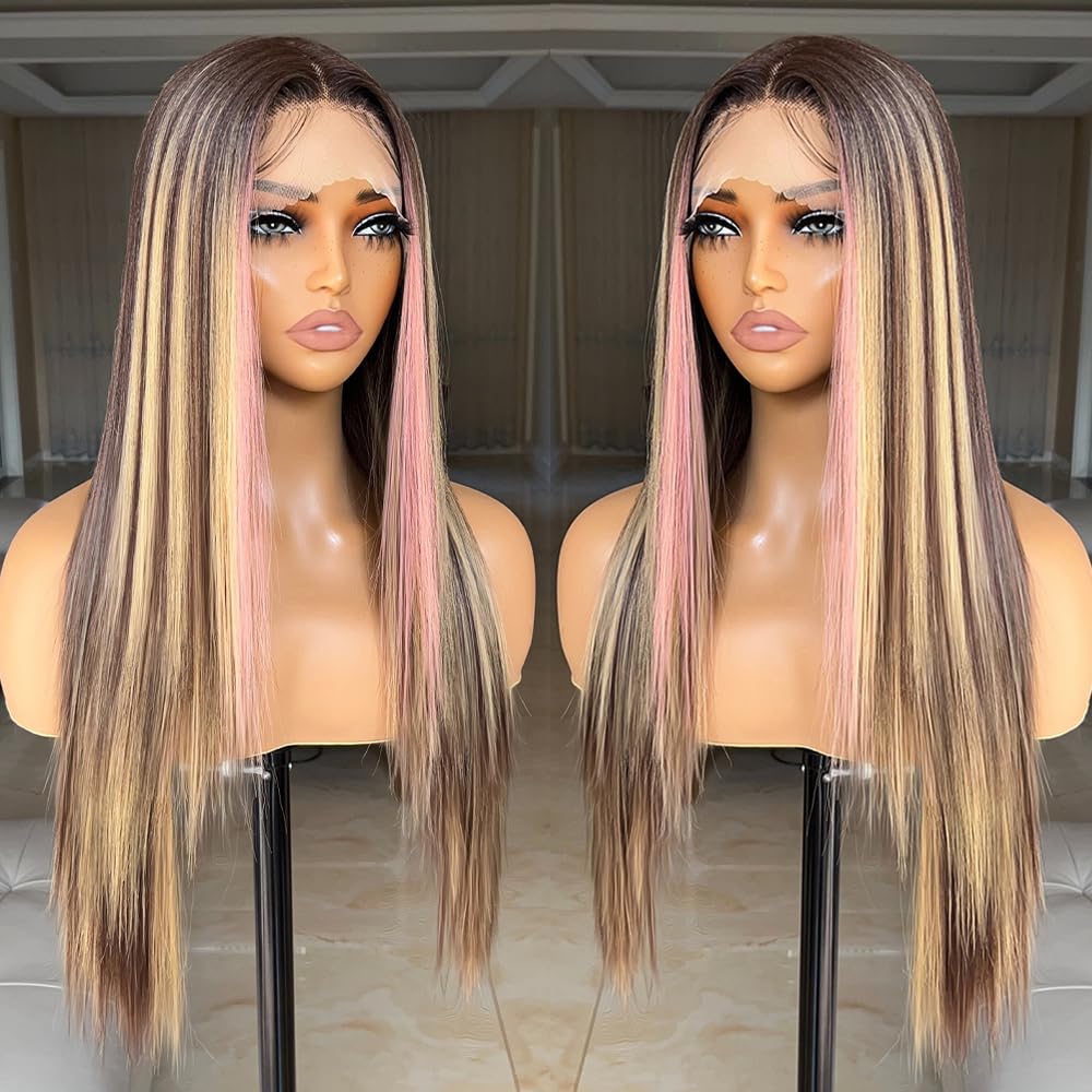 FABÉLLE Pink Highlight Wig Lace Front Wigs Glueless Wig Long Straight Wigs for Women Pre Plucked with Baby Hair 26 Inch Pink Color Forehead Synthetic Lace Front Wig