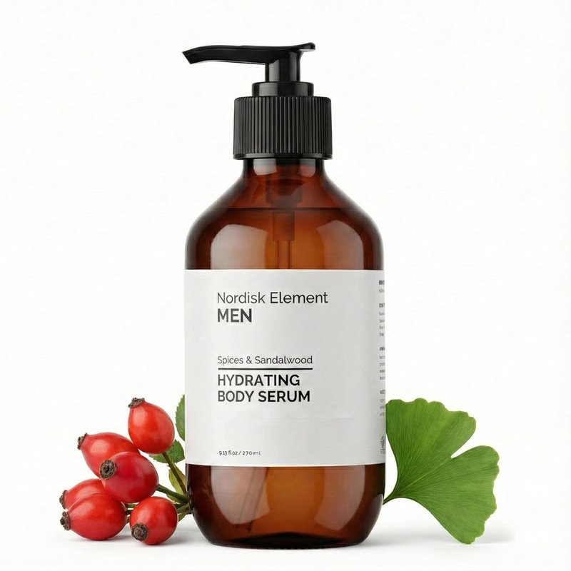 Nordisk Element Body Serum for Men - Lightweight Hydrating Serum with Hyaluronic Acid & Antioxidants | 9.13 Fl Oz, Vegan, Sandalwood Scent