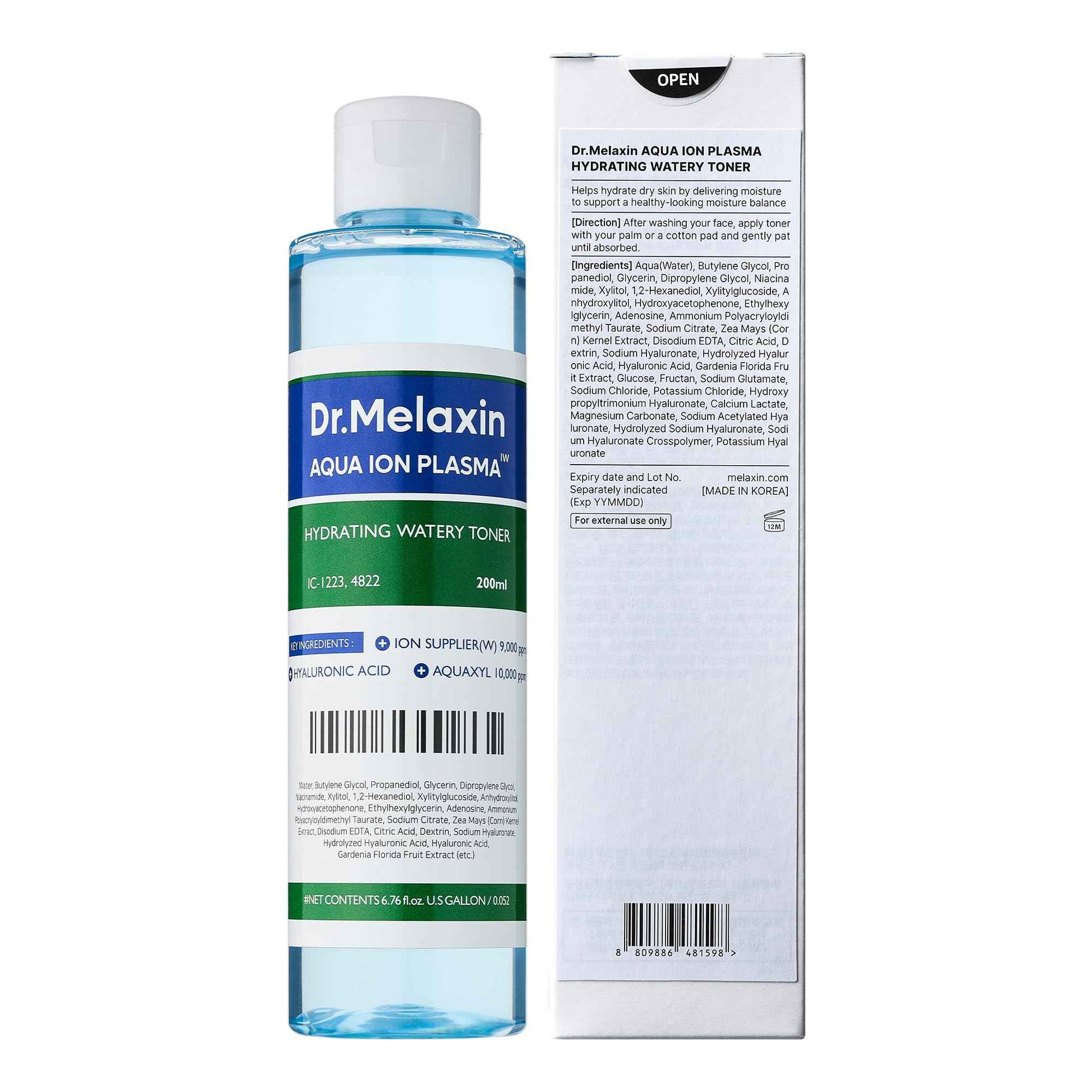 DR.MELAXIN Aqua Ion Plasma Watery Toner 200ml / 6.76 fl oz, Hyaluronic Acid, L22, moisturizing, Korean Skincare