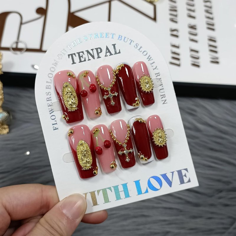 Burgundy French Press On Nails - Long Square 3D Embossed Cross Design | Elegant Gothic False Nails for Weddings (M)