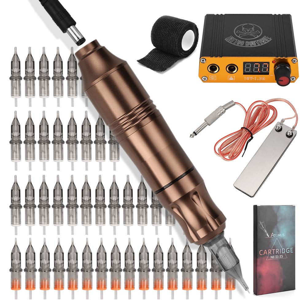 Rotary Tattoo Machine Kit, ATOMUS Tattoo Pen Style Cartridge Machine Gun Liner Shader with Power Supply 50pcs Mixed RL RS Cartridge Needles Foot Pedal DC Cord Bandage (Champagne)