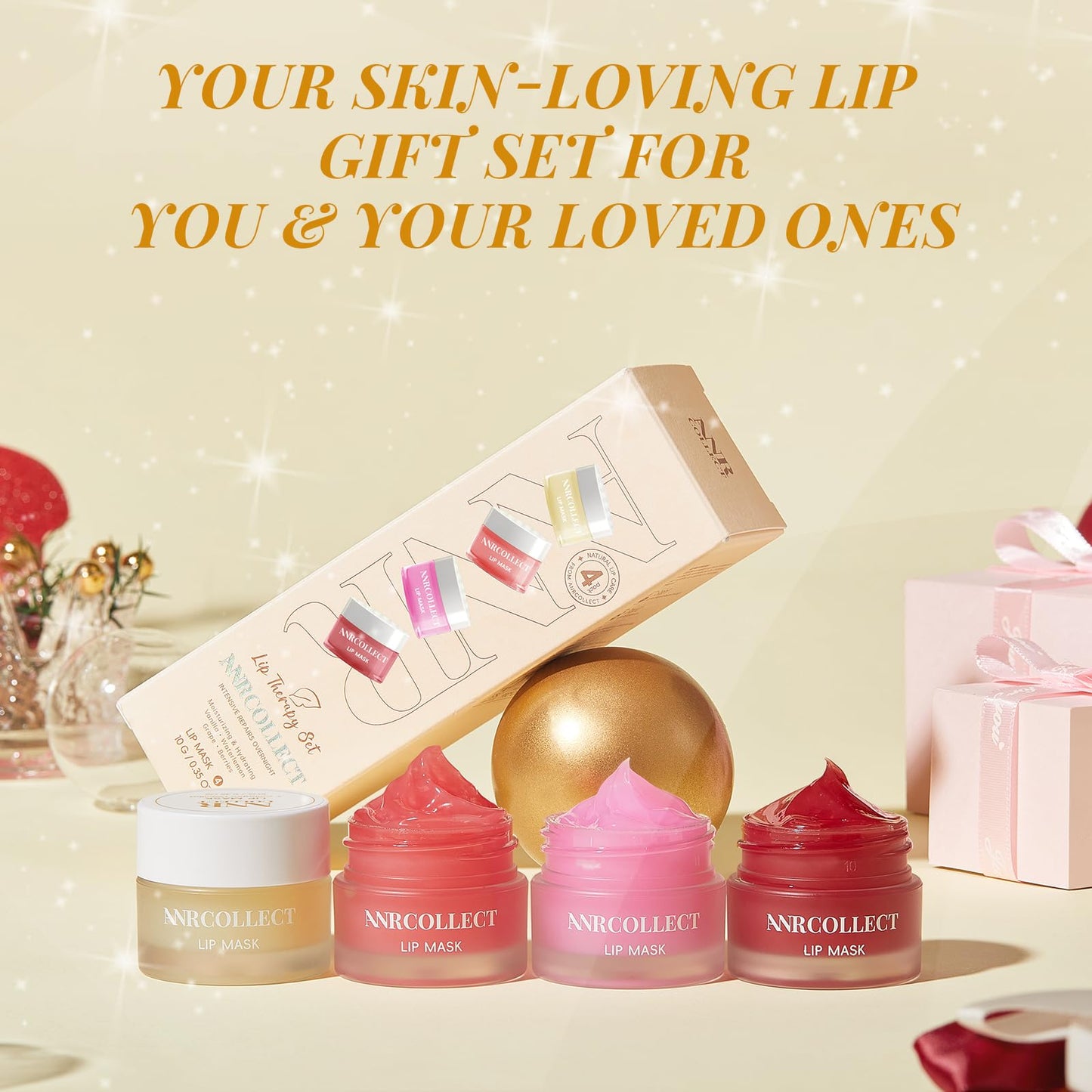 ANRCOLLECT Lip Mask Overnight Set, 4Pcs Lip Care Hydration Treatment Exfoliator Mask Kit, Revives & Nourishes Gift Set for All Day Moisturizing with Collagen & Shea Butter