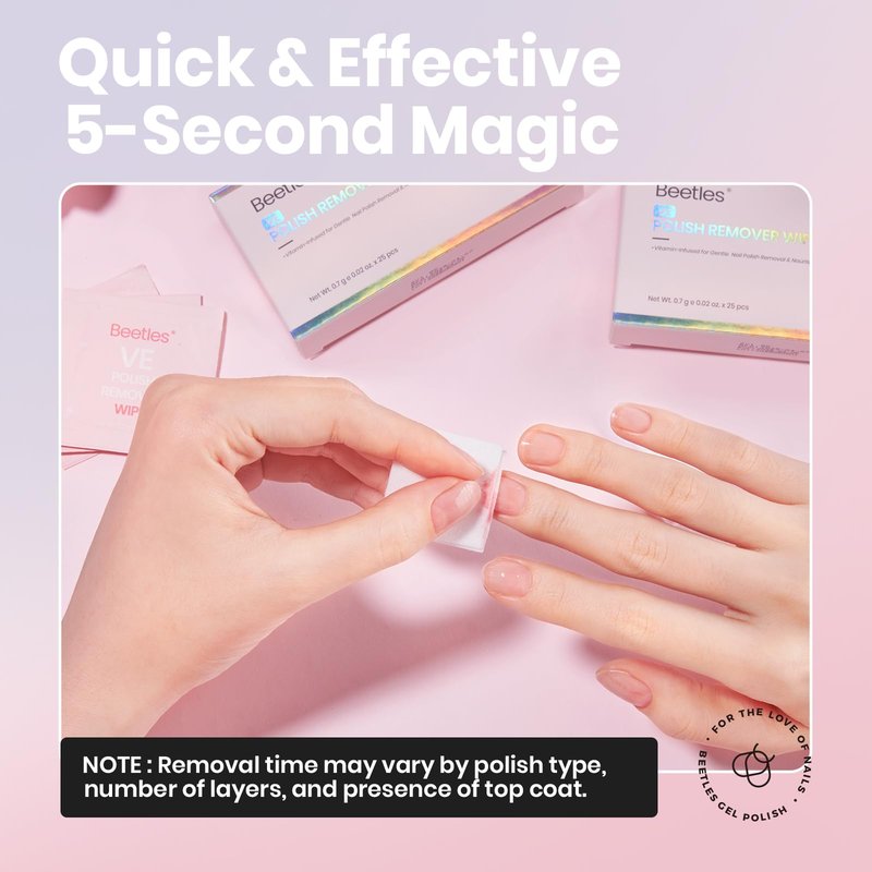 Beetles Nail Polish Remover Wipes - Non-Acetone, 50 Pack 2-in-1 Remove & Nourish Nail Polish Remover Pads - Travel Size, Individually Wrapped with Vitamin E for Quick Dry Nails Polish