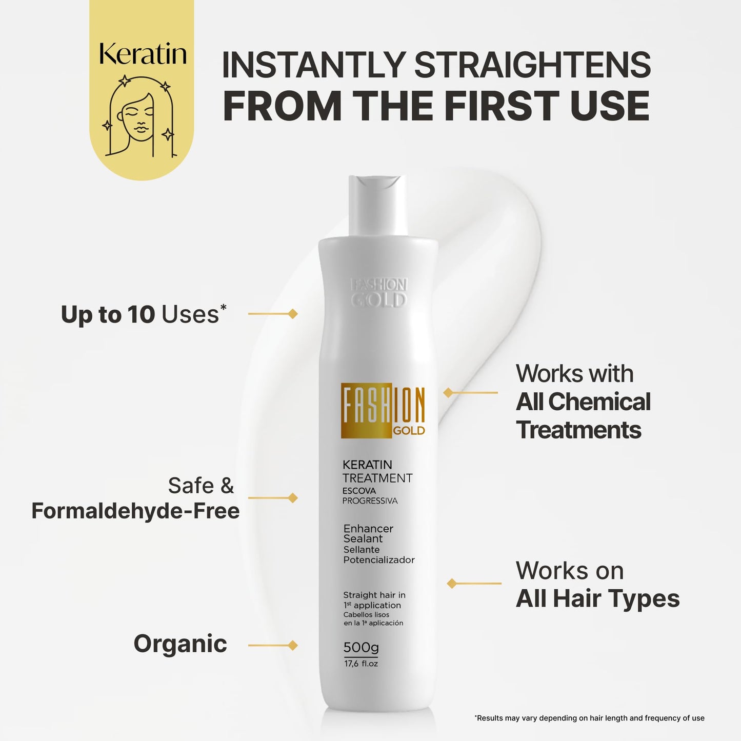 FASHION GOLD Keratin Hair Treatment (10 USES per Bottle), Keratina para Alisar el Pelo, Hair Botox Treatment, At Home Keratin Treatment, Alisados Organicos SIN FORMOL, Verdadera Keratina Brasileña