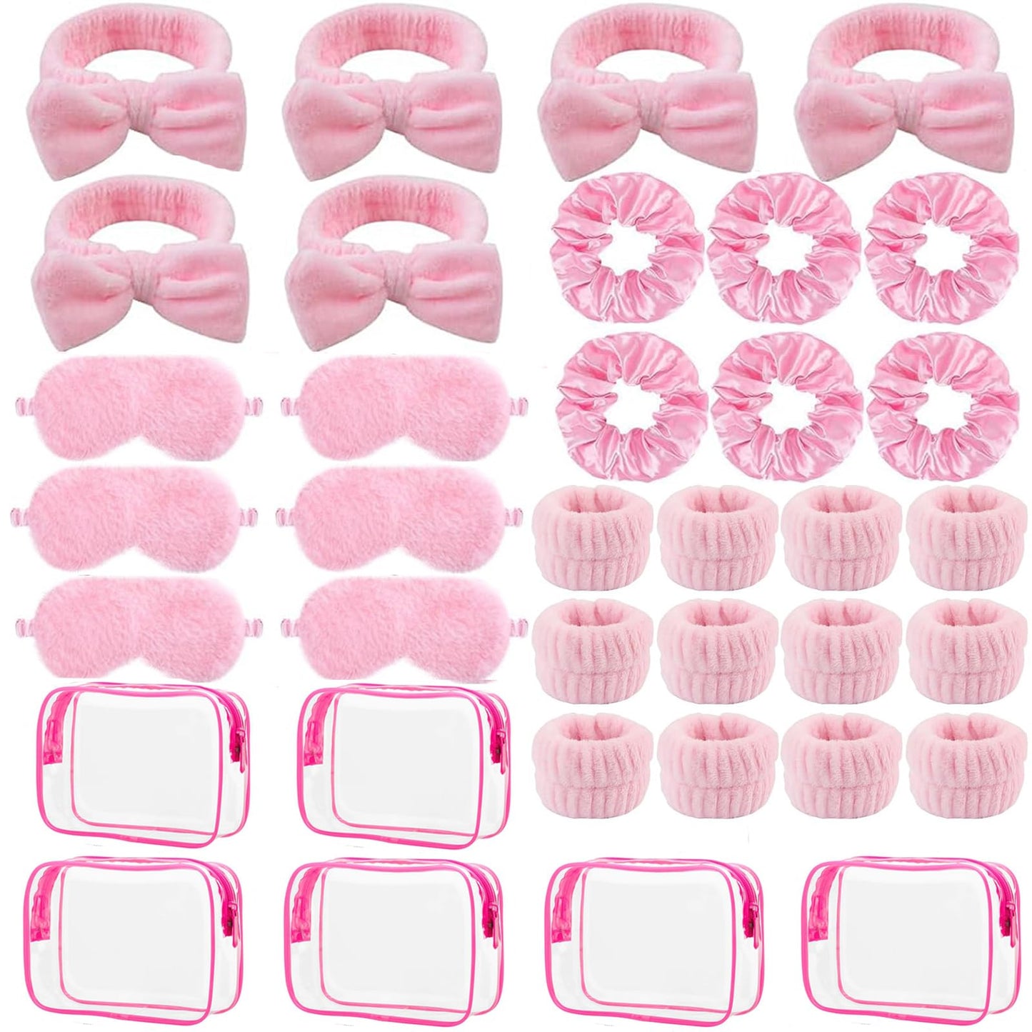 LEFIMOT 36 Pcs Sleepover Party Supplies 12 Pink Spa Headband 6 Pink Plush Sleep Eye Mask 6 Velvet Scrunchies 6 Wristband 6 Clear Cosmetic Bags for Women Slumber Spa Party Favor Gift Skincare Makeup