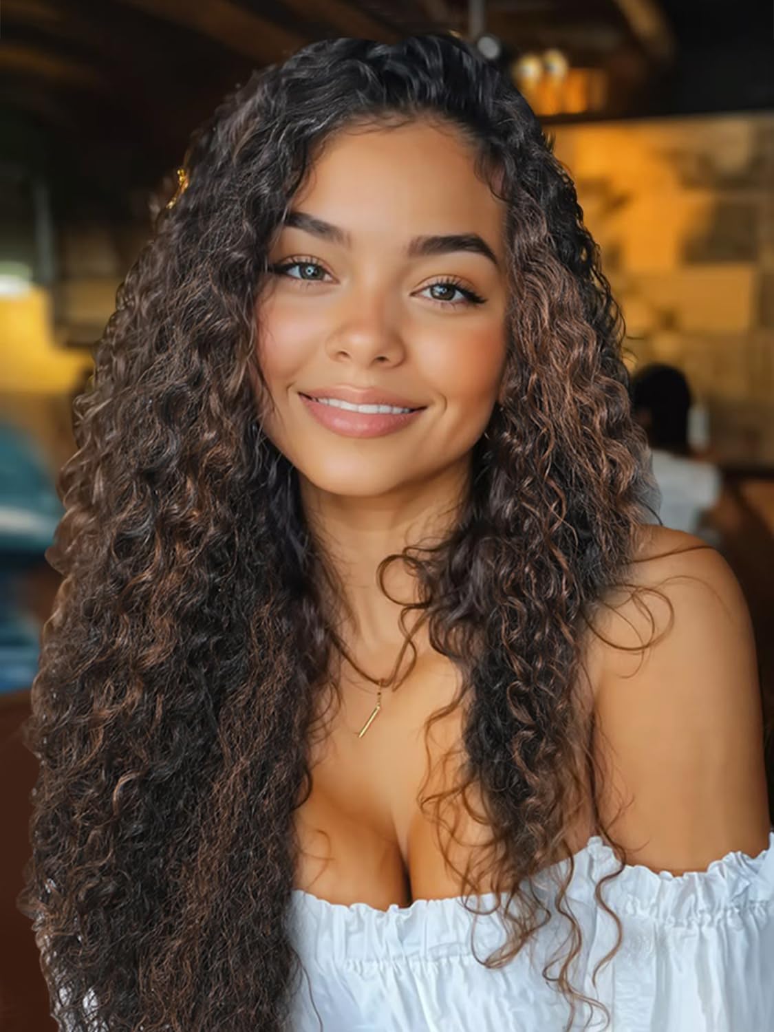 TENACOO Ombre Brown Glueless Curly Wig Brown Highlight Synthetic Lace Front Wig 24 Inch Deep Wave 4x1 Lace Closure Dark Brown Long Curly Wigs for Black White Women (Ombre Brown-24 Inches)