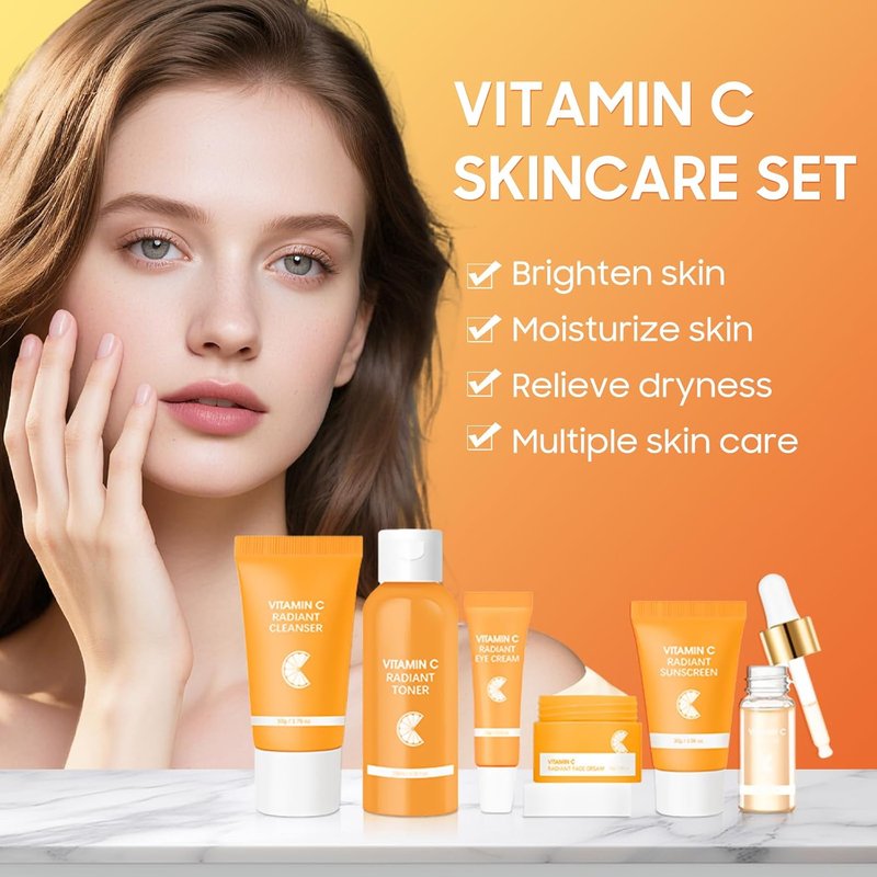 Vitamin C Skincare Set - 6 Pcs Face Care Kit with Cleanser, Serum, Eye Cream, Moisturizer & Sunscreen | Brightening & Hydrating for Teens