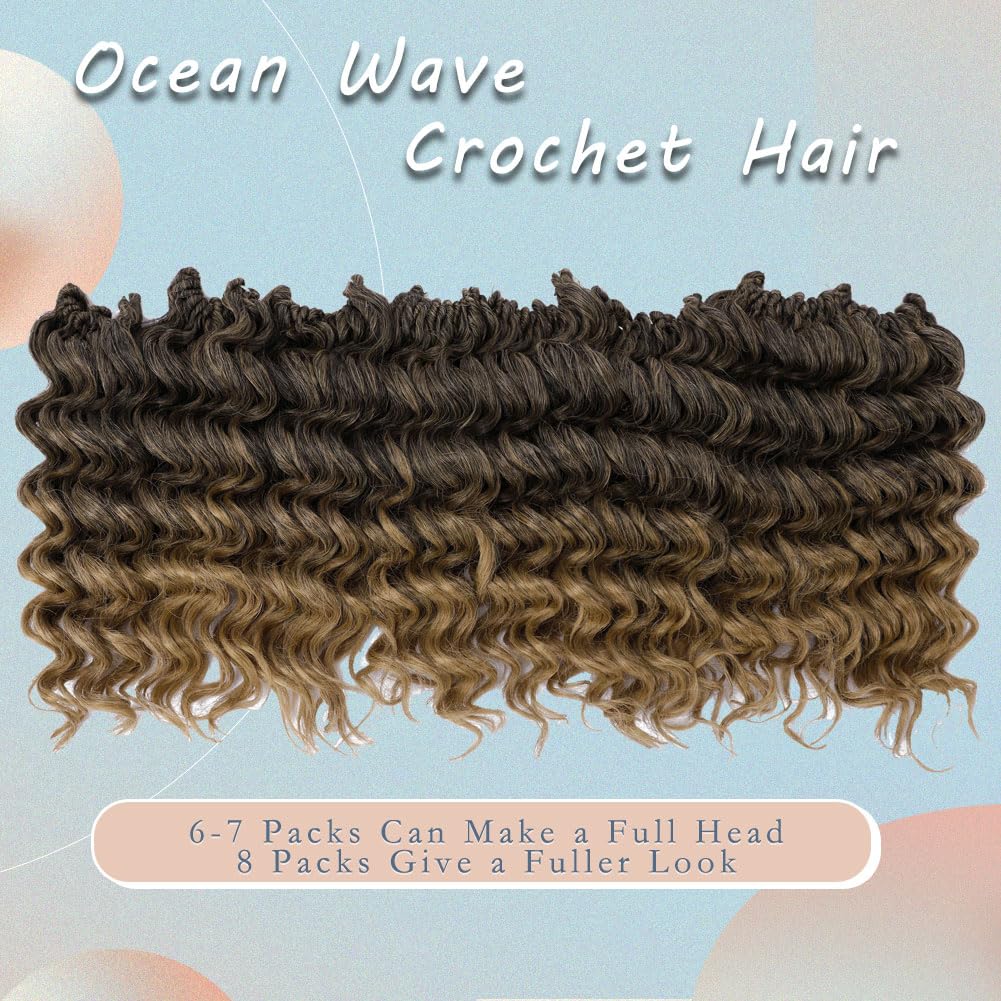 8 Packs Ocean Wave Crochet Hair for Women Short Water Wave Braiding Hair 14 Inch Curly Beach Curl Deep Twist Braids Synthetic Crochet Braids (14 Inch, T1B/27#)
