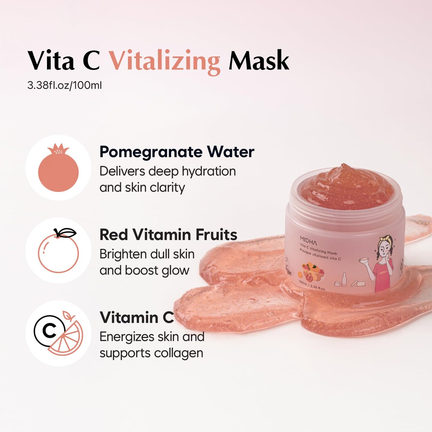 MIDHA VITA C VITALIZING MASK, 3.38fl.oz/100ml,Hydrating, Jelly Texture, Glow-Enhancing, Moisture boost, Daily Vitality Boosting, Soothing, Nourishing, Wash off Pack