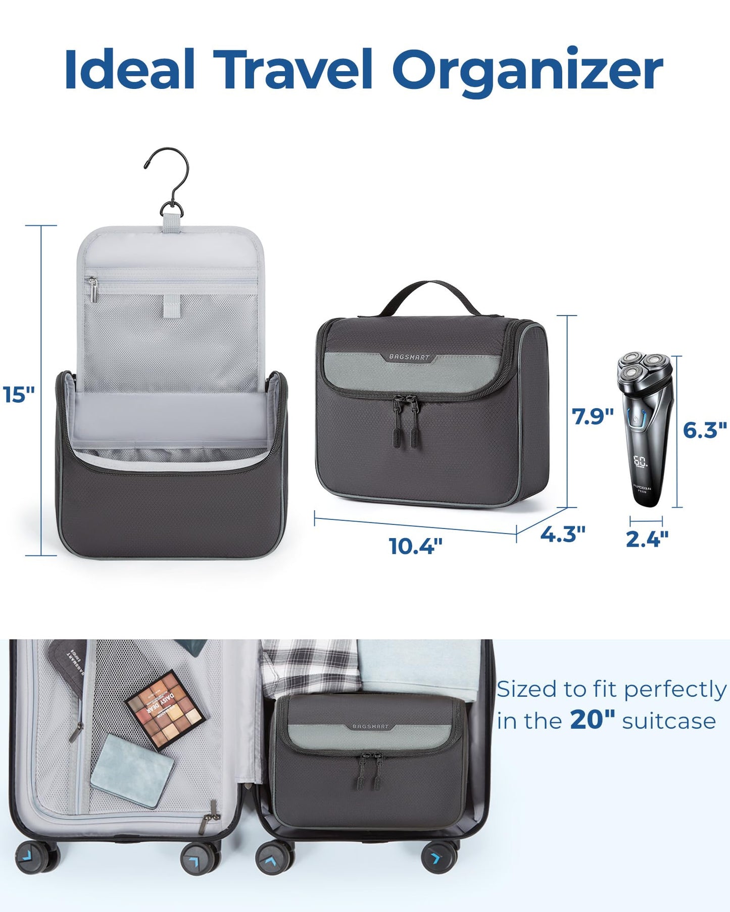 BAGSMART Travel Toiletry Bag for Men, Hanging Toiletry Bag for Mens Traveling, Outdoor Activities, Bathroom Shaving, Travel Essentials Dopp Kit Organizer 360 Swivel Hook Water Resistant, Grey