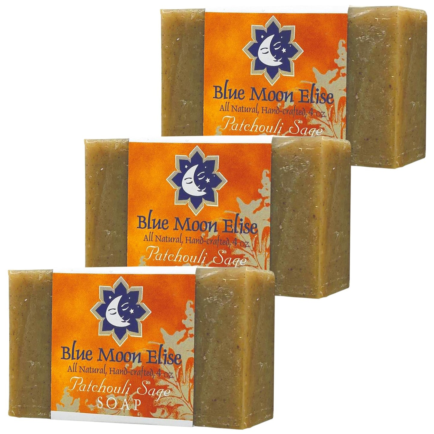 Blue Moon Elise Patchouli Sage All Natural Bar Soap, Scented with Premium Essential Oils, Handmade in the USA, Moisturizing and Therapeutic for Face/Body, For Men and Women & Sensitive Skin (3 Pack)