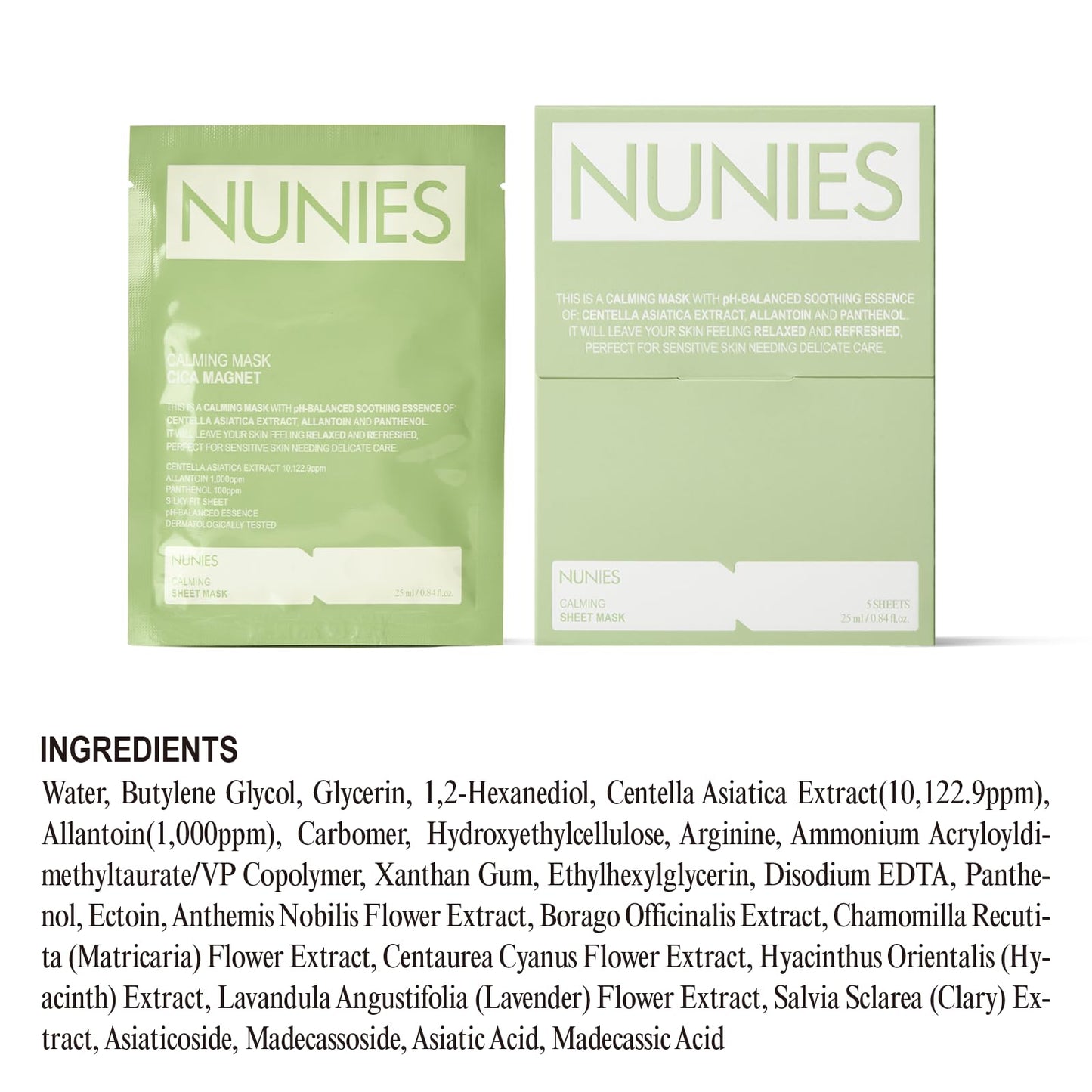 NUNIES Calming Sheet Mask – Korean Soothing Face Mask for Redness & Sensitive Skin | CICA, Allantoin & Panthenol | pH-Balanced | Alcohol-Free, Fragrance-Free, Colorant-Free | 5 Sheets