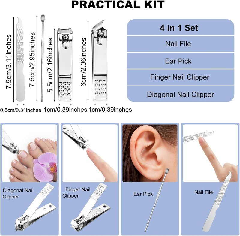 Stainless Steel Nail Clipper Set - 4 in 1 Travel Manicure Kit with Case | 30 Sets, Individually Wrapped for Charities
